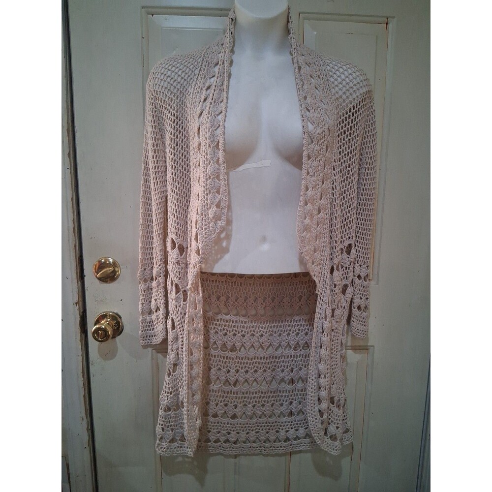 EUC  Free People Crochet Cardi Beige Silk Linen Cotton Blend L